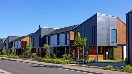 Modern houses lined up in a row, freshly completed, with bright blue sky in the background and space for copy