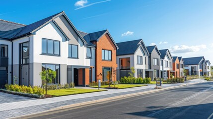 Obraz premium Modern houses recently completed, lined up with a blue sky backdrop, ideal for copy space or marketing content