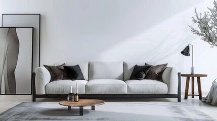Modern white living room interior with gray and black sofa, wooden table, lamp, and carpet, clean wall background for copy space