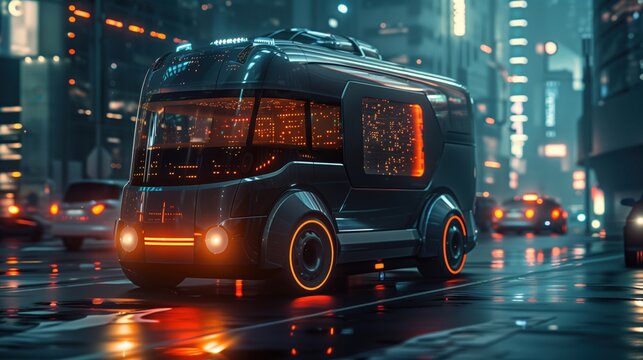 Futuristic van with a sleek design and a glowing holographic cargo system, operating in a modern urban backdrop. The van represents the future of delivery and logistics with its advanced technology