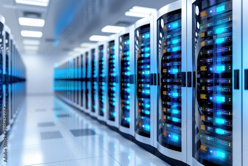 Poster modern cloud server room with high-performance servers and efficient cooling systems