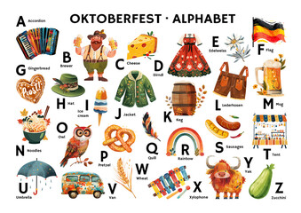 A poster for a restaurant, cafe, snack bar, menu featuring the alphabet and illustrations of Oktoberfest, designed to teach little ones the alphabet. Watercolor illustration in pastel colors.