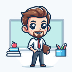 A cute cartoon teacher with brown hair and blue eyes, wearing a white shirt, red tie, and gray pants. He holds a book and stands in front of a board with an apple and books nearby.