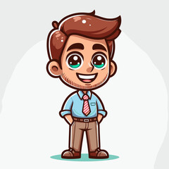 Obraz premium A cute cartoon teacher with brown hair and green eyes, wearing a blue shirt, red striped tie, and brown pants. He has a friendly smile, rosy cheeks, and hands in his pockets, exuding confidence.