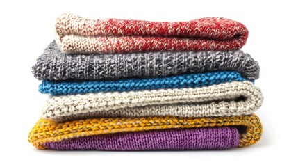 Neatly folded stack of colorful women winter and autumn knitted garments on white background