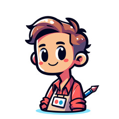 A cute cartoon artist character with brown hair and large eyes, wearing an apron over a red shirt. He has a name tag on the apron. The character has a friendly smile and rosy cheeks, exuding creativit