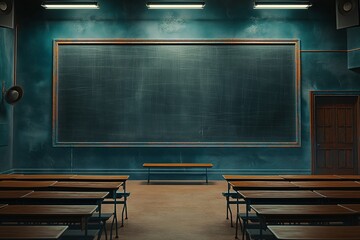 Old blackboard mockup in a classroom with old desks. back to school concept