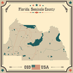 Obraz premium Large and accurate map of Seminole County, Florida, USA with vintage colors.