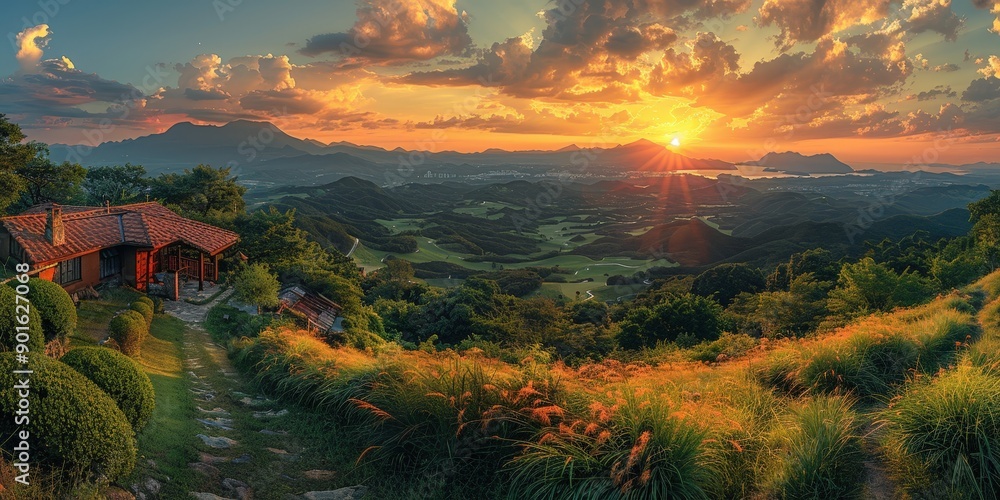 Wall mural Sunset Over Mountain Valley