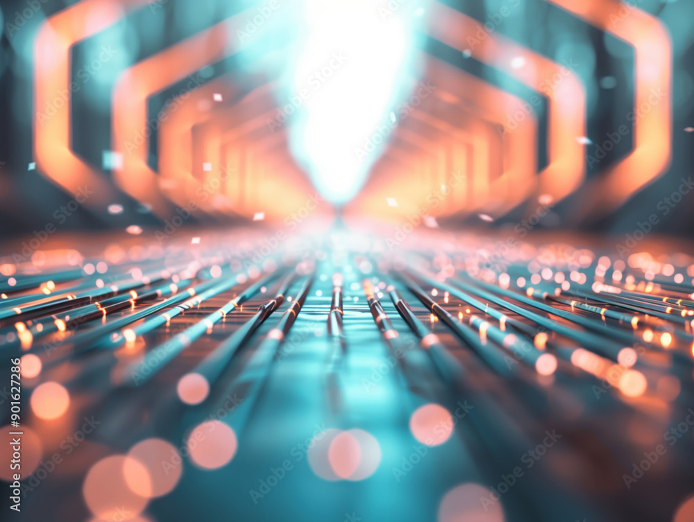 Poster a captivating perspective of a glowing tunnel with vibrant lights, creating a sense of depth and fut