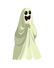 Spooky Halloween lonely sad ghost. Fly phantom spirit with white fabric. Vector illustration