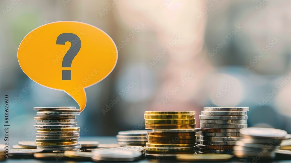 Poster A speech bubble with a question mark in yellow sitting over mixed coin stacks, indicating budgeting questions. 