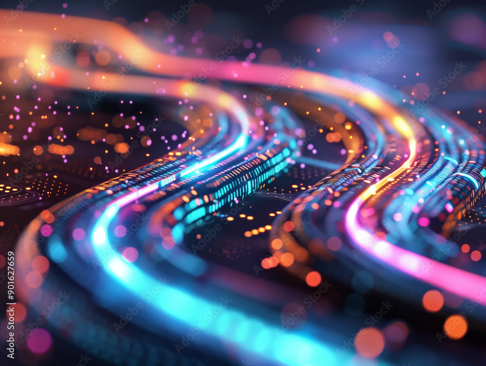 Aufkleber a dynamic digital background featuring vibrant flowing lines and glowing particles, perfect for tech