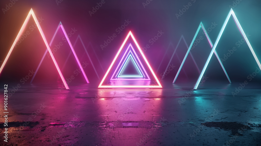 Poster a futuristic scene featuring glowing triangles in vibrant colors with a reflective surface. perfect 
