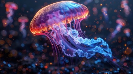 Fototapeta premium Bioluminescent Jellyfish in Deep Waters, an abstract representation of vibrant, glowing life forms illuminating the dark depths with their ethereal texture and colors.