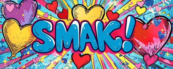 Colorful pop-art banner with the word SMACK surrounded by vibrant hearts and bursts