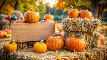 Autumn Harvest Pumpkins and Hay Bales.