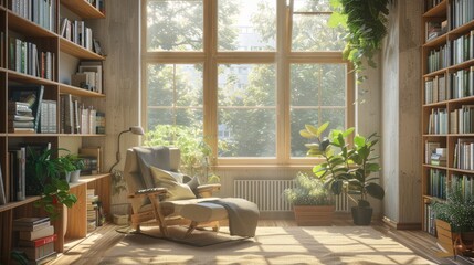 Fototapeta premium wooden window in the study, there is an armchair and bookshelves with books on them, plants by the window, sunlight shines through the glass of the large windows into the room