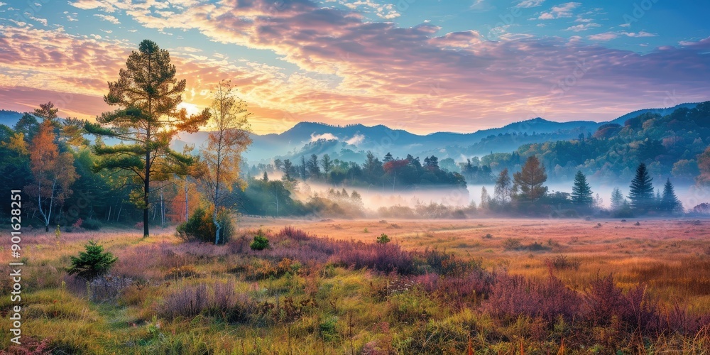 Wall mural Misty Sunrise in a Mountain Valley