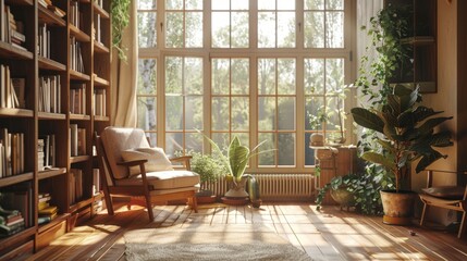 Obraz premium wooden window in the study, there is an armchair and bookshelves with books on them, plants by the window, sunlight shines through the glass of the large windows into the room