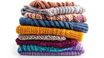Stack of colorful folded women knitted clothes, including winter and autumn items, isolated on white