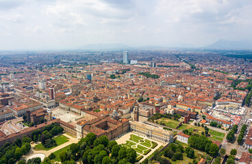 Turin, Italy. Palazzo Madama, Piazza Castello - City Square. Royal Palace in Turin. Panorama of the central part of the city. Aerial view