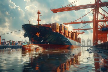 Container ship loading at dock. Container ship being loaded at a dock with large cranes, demonstrating the efficiency and scale of modern maritime shipping operations.