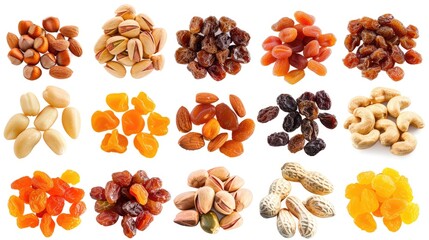 Obraz premium Variety of nuts and dried fruits, including almonds, hazelnuts, peanuts, cashews, candied fruit, and raisins, isolated on background