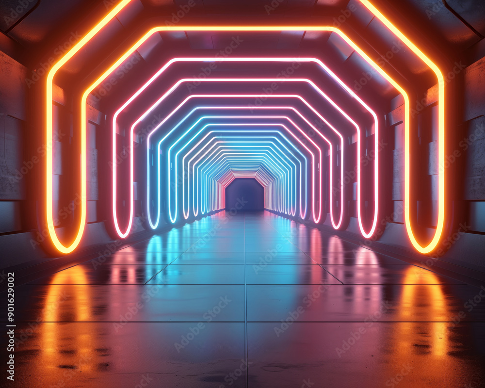 Poster a vibrant corridor illuminated by colorful neon lights, creating a futuristic and surreal atmosphere