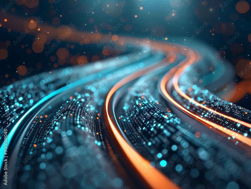 Poster a vibrant digital landscape with flowing lines and shimmering particles, ideal for technology and ab