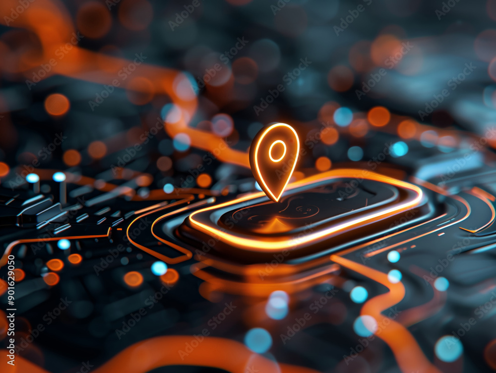 Aufkleber a vibrant digital map with an illuminated location marker on a circuit board background, showcasing 