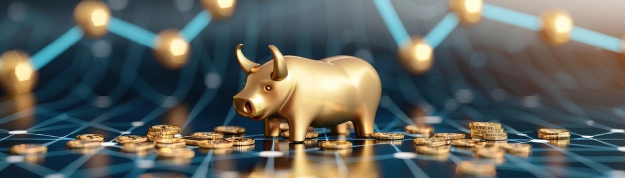 A golden bull statue stands among scattered coins, symbolizing wealth and investment in a flourishing market.