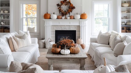 an elegant living room in neutral colors with pumpkin autumn decor