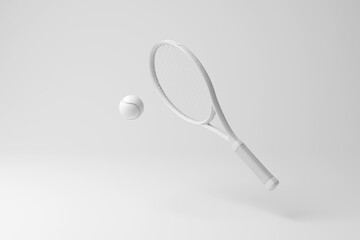 White tennis racket and tennis ball floating in mid air on white background in monochrome and minimalism. Illustration of the concept of sports, leisure activities and hobbies