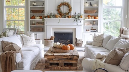 an elegant living room in neutral colors with pumpkin autumn decor