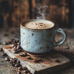 A steaming cup of coffee with a hint of hazelnut, set on a rustic wooden table with beans. 
