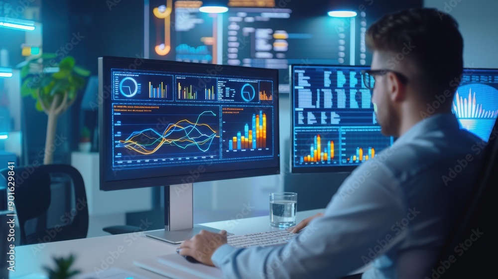 Poster a professional analyst reviewing data on multiple screens, showcasing modern technology and analytic