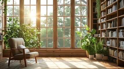 wooden window in the study, there is an armchair and bookshelves with books on them, plants by the window, sunlight shines through the glass of the large windows into the room