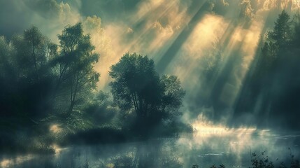Naklejka premium Golden Hour Mist: Serene River Landscape at Dawn