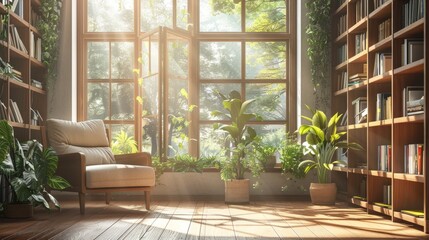 wooden window in the study, there is an armchair and bookshelves with books on them, plants by the window, sunlight shines through the glass of the large windows into the room