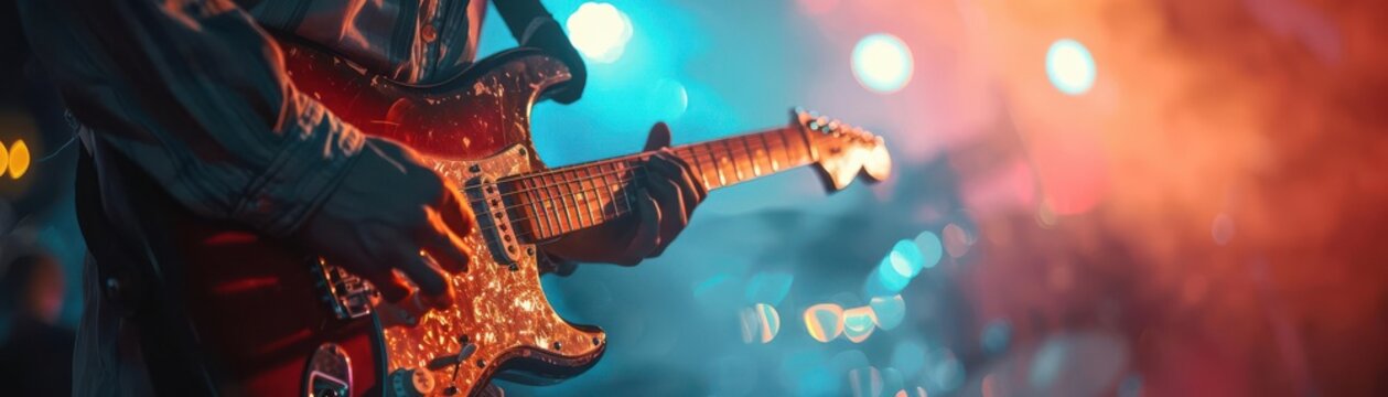 Musician playing a guitar at a concert