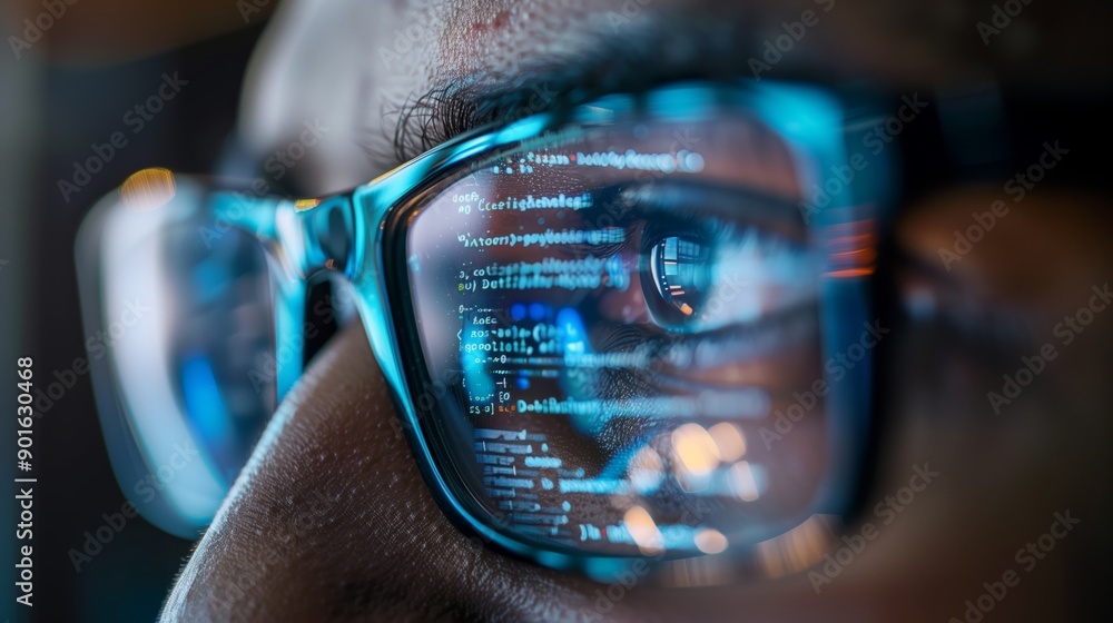 Poster a closeup of the reflection in glasses, showing an office worker's eye looking at his computer scree