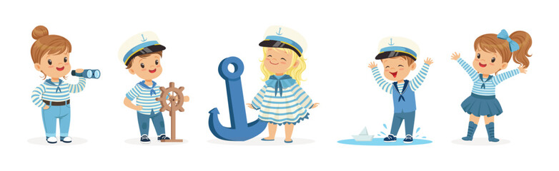Little Children Sailor in Striped Shirt and Cap Vector Set