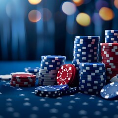 Vibrant Casino Chips and Gambling Accessories on Shimmering Blue Background