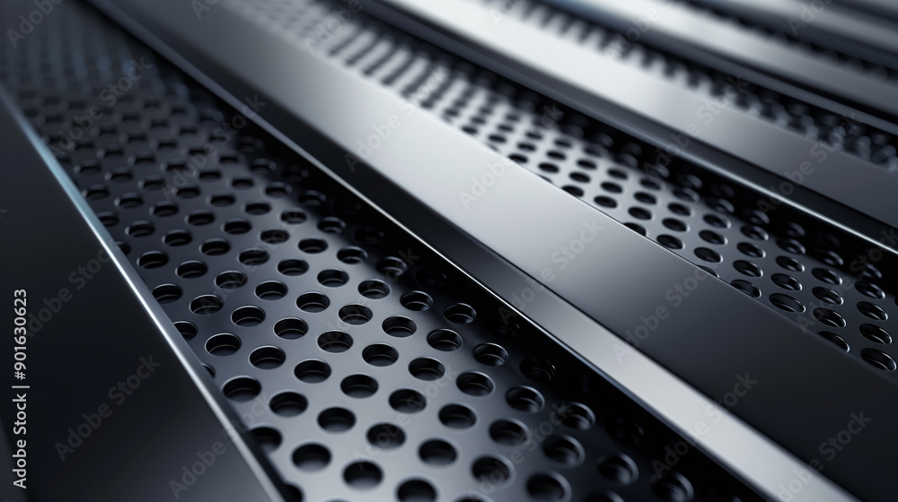 Poster close-up view of sleek metallic surface with perforated design and reflective texture, ideal for mod