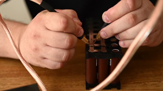 Young man fiddling with soldering iron at home, installing battery on uninterruptible power supply