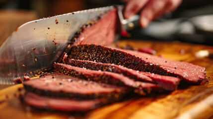 Homemade beef pastrami being sliced