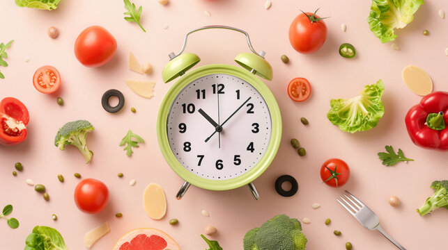 Colorful alarm clock surrounded by fresh vegetables, symbolizing healthy eating and time management for meal preparation.