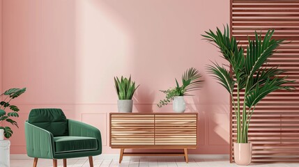 A living room with pink walls, white floors and wooden slats on the wall, a green armchair placed next to an open cabinet