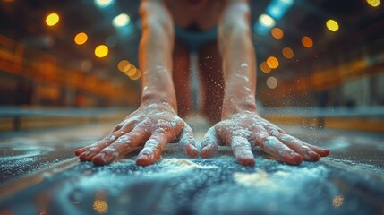 A detailed shot capturing hands applying chalk on gym equipment, highlighting the careful...